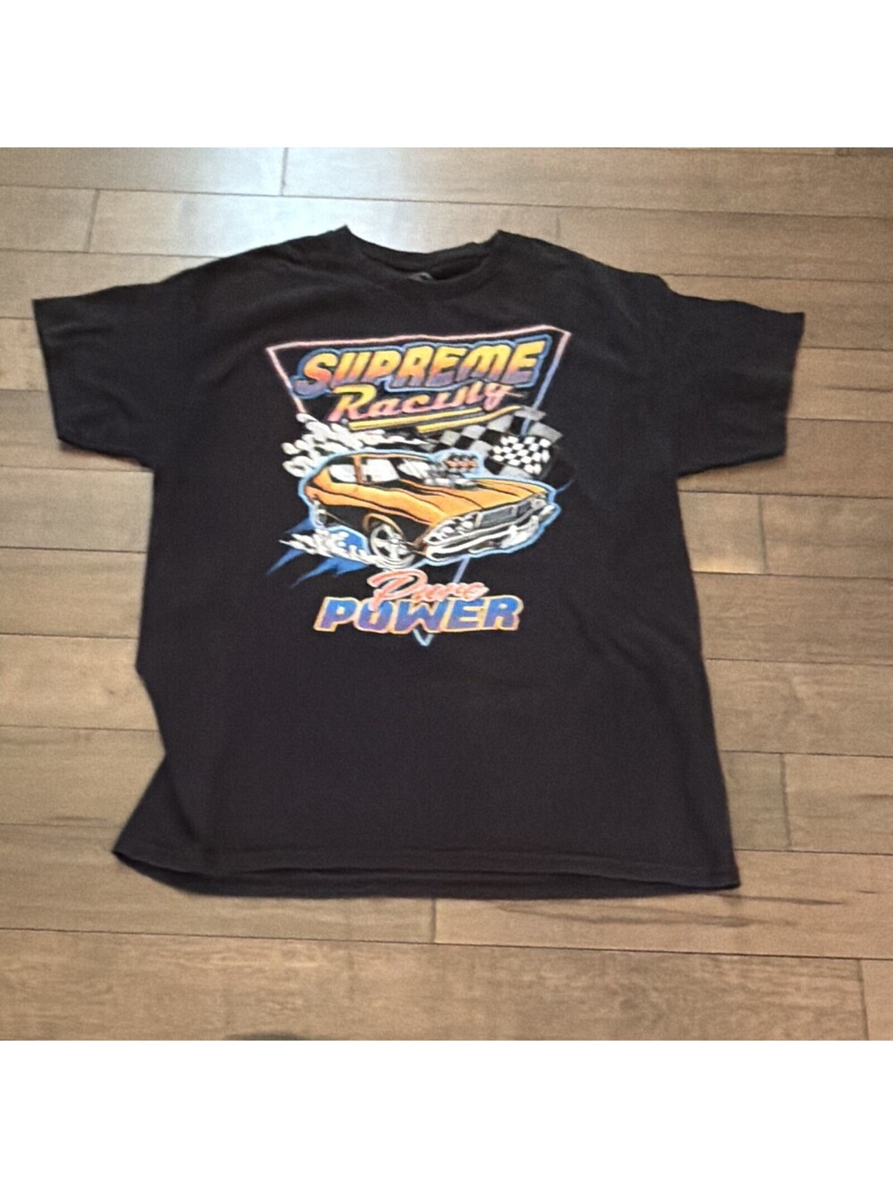 VINTAGE Supreme Racing Pure Power Graphic Black Cotton Crew Neck Tee Men's XL